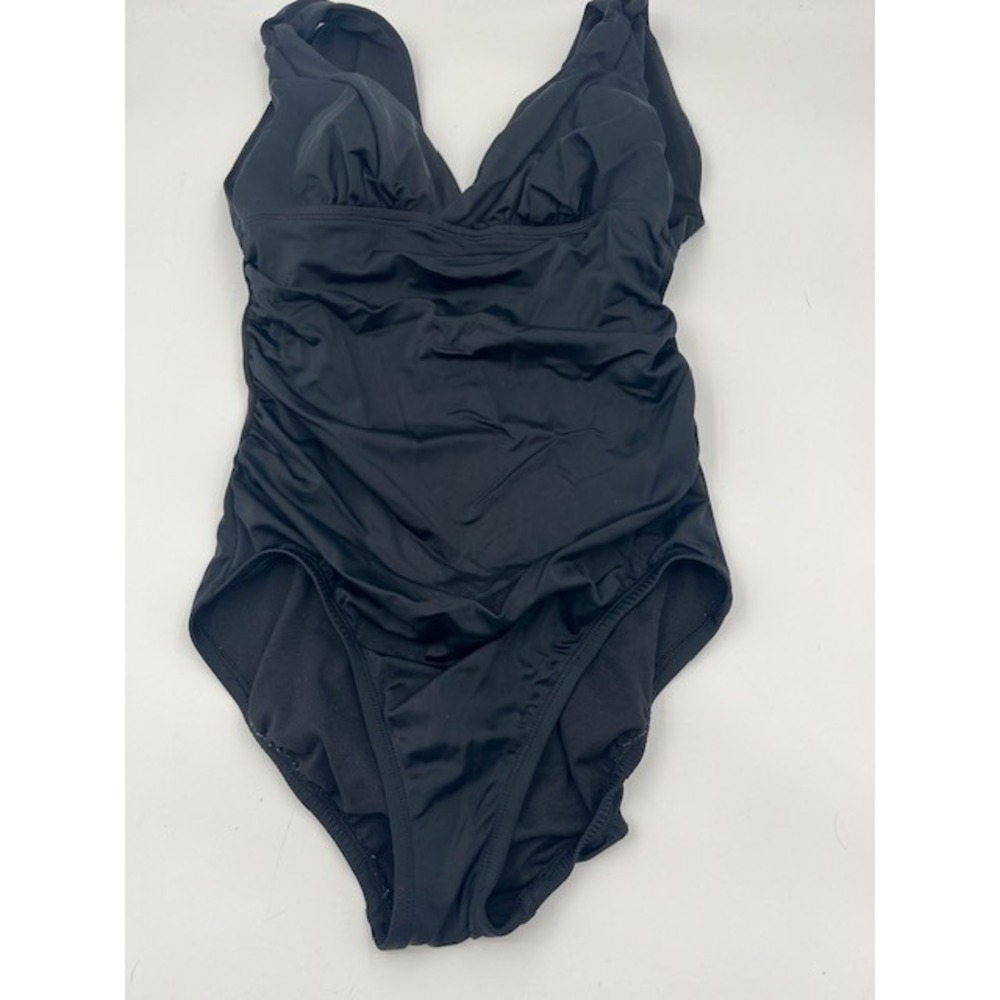 Time & Tru Black Plunge V-Neck One-Piece Swimsuit Ruched Tummy Control Small 4-6
